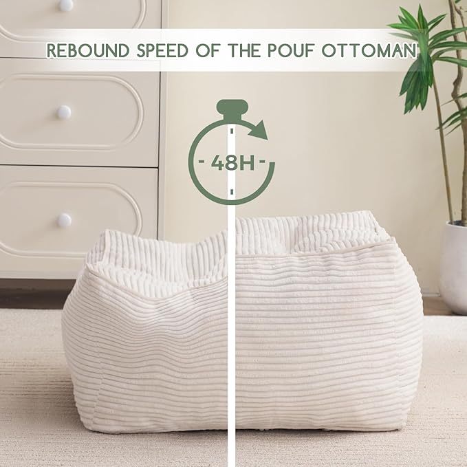 HIGOGOGO Square Stuffed Pouf Ottoman, Corduroy Poufs with Foam Chunk Filling, Furry and Fluffy Pouf Foot Stool Storage Ottoman, 25.6 X 25.6 Floor Poufs Foot Rest for Living Room, Beige-DeskLoop Office
