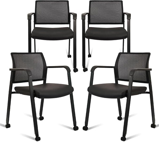 CLATINA Stacking Office Chair with Wheels, Mesh Back Waiting Room Guest Chairs with Arms Comfortable Leather Cushion Stackable Desk Chair for Conference Reception School Side Stationary, Black, 4PK-DeskLoop Office