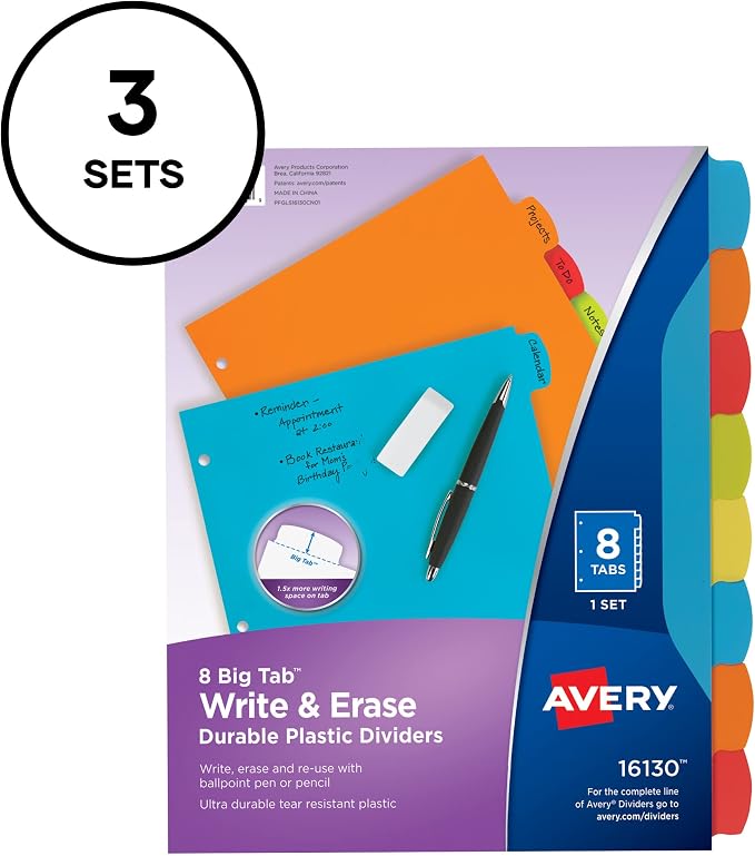 Avery Big Tab Write & Erase Durable Plastic Dividers, 8-Tab Set, 3 Sets - Image 9