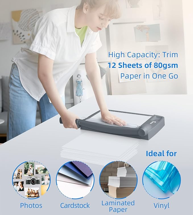Firbon 12" Guillotine Paper Cutter, Heavy Duty 12-Sheet Capacity Trimmer for Cardstock, Photos, Scrapbooking, Office, Classroom, Studio (Gray)-DeskLoop Office