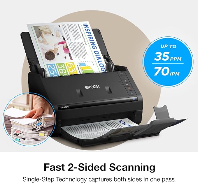 Epson Workforce ES-400 II Color Duplex Desktop Document Scanner for PC and Mac, with Auto Document Feeder (ADF) and Image Adjustment Tools, ES-400 II-DeskLoop Office