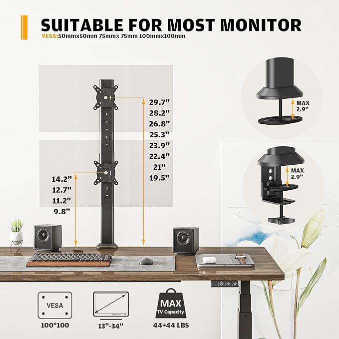 HEMUDU Dual Monitor Articulating Desk Mount Arm Stand - Vertical Stack Screen Supports Two 13 to 34 Inch Computer Monitors with C Clamp-DeskLoop Office