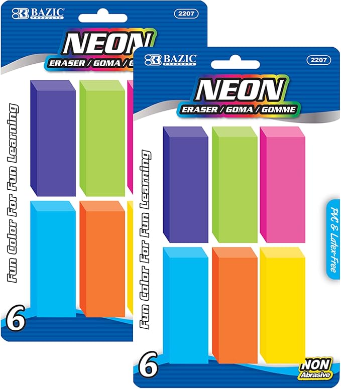 BAZIC Products Bevel Block Erasers, neon beveled block erasers, PVC-free rubber by BAZICProducts