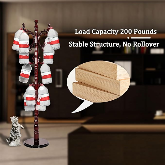 Coat Racks Free Standing with 14 Hooks, Natural Wood Coat Rack with Solid Round Base, Adjustable Height Coat Racks, Easy Assembly for Hallway, Bedroom and Office (Reddish brown)-DeskLoop Office