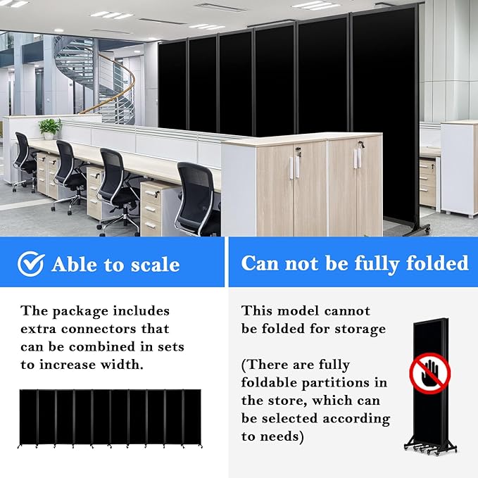 Upgrade Version Room Partition and Divider, Freestanding Rolling Dividers with Wheels,Office Privacy Screen Divider Wall,Classroom Felt Dividers,8'2"L* 6'7"H,4 Panel，Black-DeskLoop Office