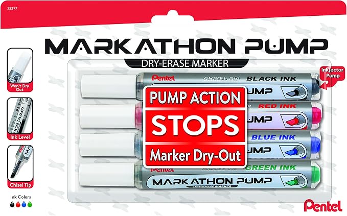 Pentel Markathon Pump Dry Erase Marker, Chisel Tip, 4 Pack by PentelofAmerica