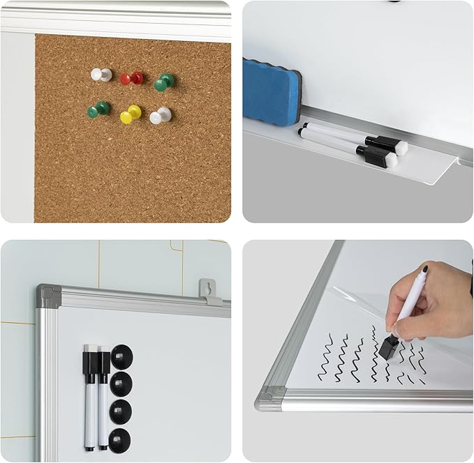 Combination Writeboard 36"x 24" Magnetic Whiteboard & Cork Board Aluminium Frame Dry Erase Board Bulletin Board Wall Mounted Memo Message-DeskLoop Office