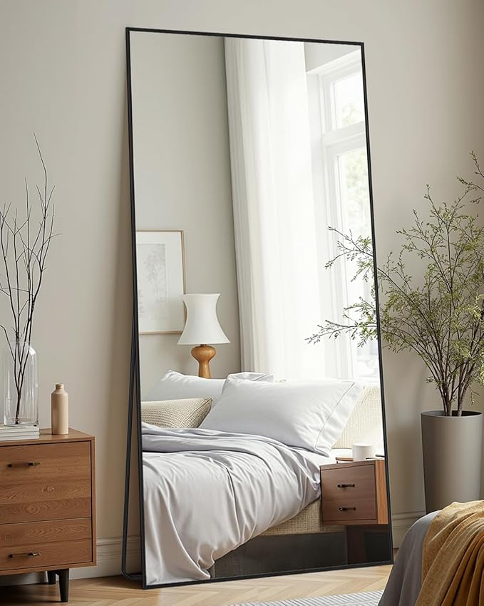 Full-Length Floor Mirror with Stand, 58"x21" Rectangle Style Full Body Standing Mirror for Bedroom, Living Room, Gym, Dorm - Shatter-Resistant & Easy Assembly, Black-DeskLoop Office