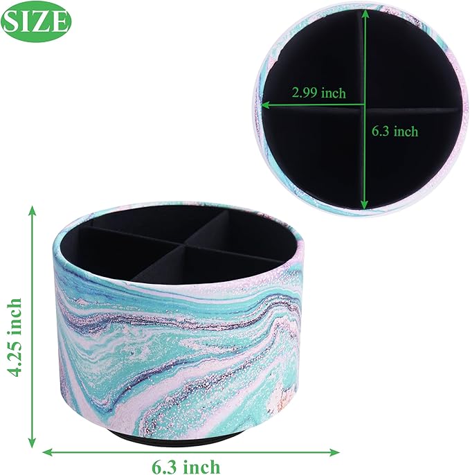 Round Leather Art Supply Organizer,Remote Control Holder,360-degree Rotating Pen Organizer with 4 Compartments(1-Pink Green Splash Ink)-DeskLoop Office