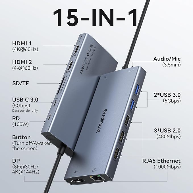 USB C Laptop Docking Station with 2 HDMI 4K@60Hz+DP 8K@30Hz for Dell HP Thinkpad Surface, 15 in 1 USB C Hub Triple Display Multiple Adapter, Dongle with USB A Port+Button+PD+Ethernet+SD/TF+Audio-DeskLoop Office