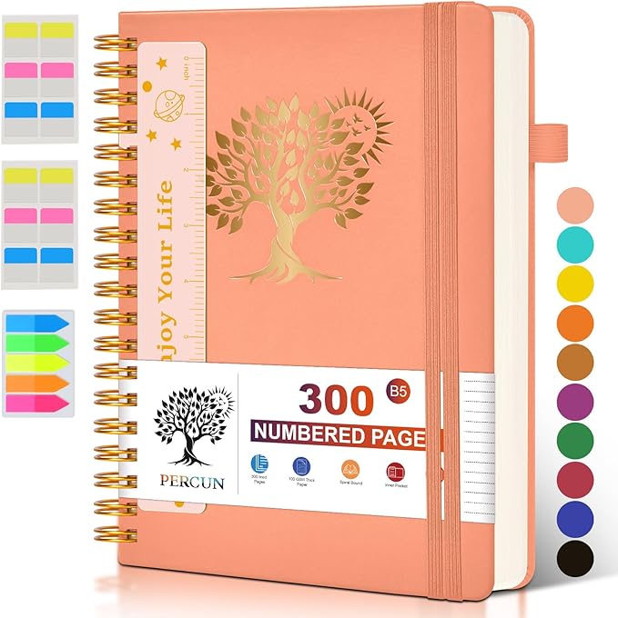 Large Spiral Notebook Journal for Women Men - 300 Numbered Lined Pages, College Ruled,B5 Hardcover Spiral Bound Notebook for School, Work, Note Taking, Writing, Leather Spiral Journal 7"x10"-DeskLoop Office