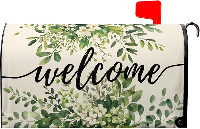 Welcome Spring Mailbox Covers Magnetic Green Eucalyptus Leaf Wreath Flowers by farg