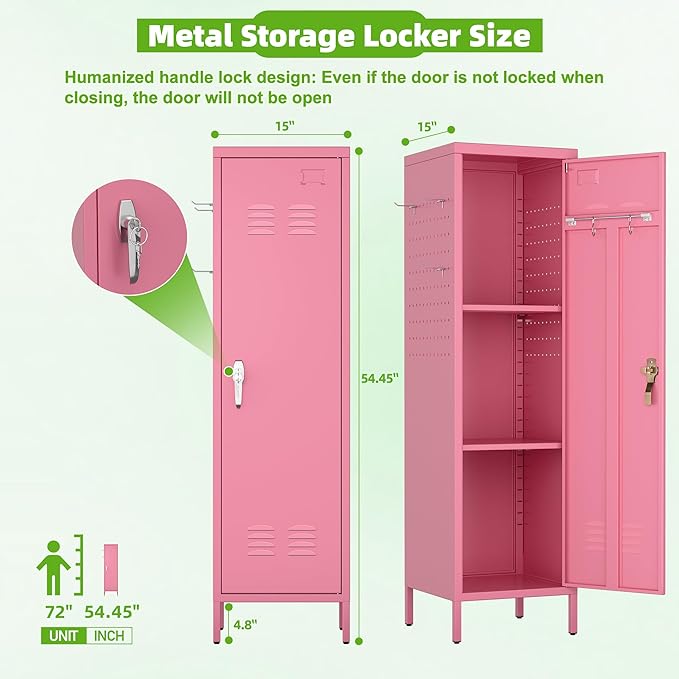 Aobabo Metal 54" H Metal Storage Locker for Employees, Lockable 1 Door with Towel Rack and 2 Side Pegboards with Hooks for School Office Gym Home, Assembly Required (Pink)-DeskLoop Office