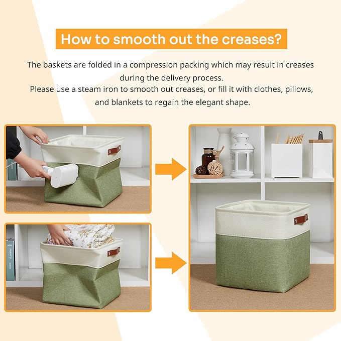 DULLEMELO Storage Basket, Linen Closet Organizers and Storage Baskets for Home Office, Suitable as Dog Toy Box, Baby Gift Basket, 4 Pieces 12x12 Decorative Cube Storage Bins(4 Pack - 12" White&Green)-DeskLoop Office