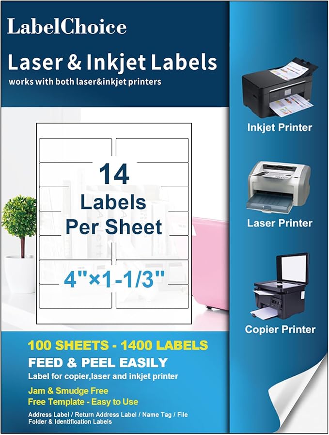 100 Sheets 1400 Labels 4" x1-1/3 14 Up Mailing Address Labels Stickers by LabelChoice