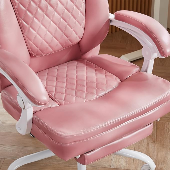 Ergonomic Office Chair with Foot Rest, Executive Chair with Footrest PU Leather Computer Chair, Big and Tall Chair Reclining Desk Chair, Thick Padded Coil Spring Seat, 400 lbs Capacity (Pink)-DeskLoop Office
