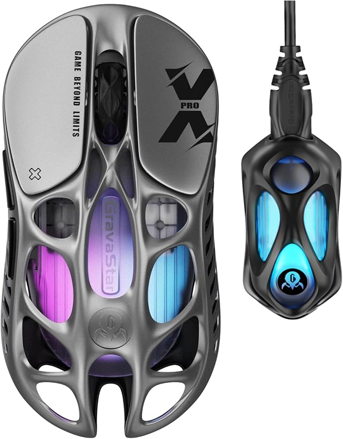 GravaStar Mercury X Pro Wireless Gaming Mouse, Come with 8K Dongle – 32,000 DPI PAW 3950 Sensor, 8,000Hz Polling Rate, Only 49g, Magnesium Alloy Hollow Frame, RGB Lighting, 5 Programmable Buttons-DeskLoop Office