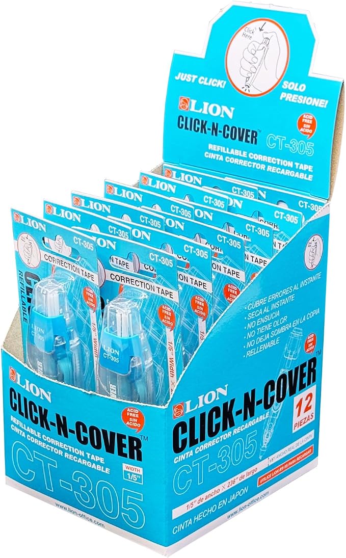 LION CLICK-N-COVER Refillable Correction Tape, Retractable Tip, 1/5" wide and - Image 3