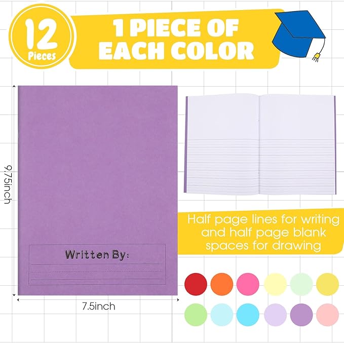 Henoyso 12 Pcs Primary Composition Notebook K-2 9 3/4 x 7 1/2 Inch Primary Journal, Back to School Supplies, Bulk Blank Writing Book for Kid to Write Draw Journal 60 Page Notebooks (Multicolored)-DeskLoop Office