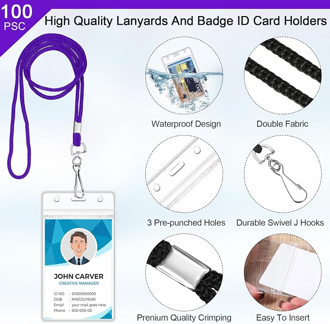Marspark 100 Pack Lanyard with ID Holder Bulk, Waterproof Resealable Name Tag - Image 3