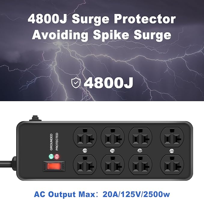 20Amp Power Strip Surge Protector, Durable Metal 8-Outlet with Heavy Duty 20 Amp 10Ft 12 Gauge Extension Cord, for Garage, Workshop & Industrial Use with 6-20R T-Slot Outlets, 4800J-DeskLoop Office