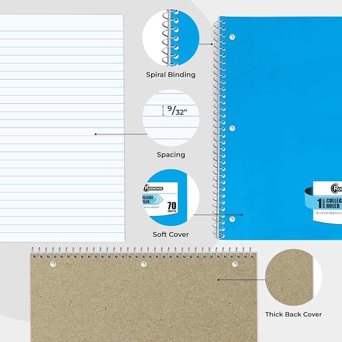 Rosmonde 50 Pack, 1 Subject Spiral Notebook College Ruled Bulk, 140 Pages - Image 5