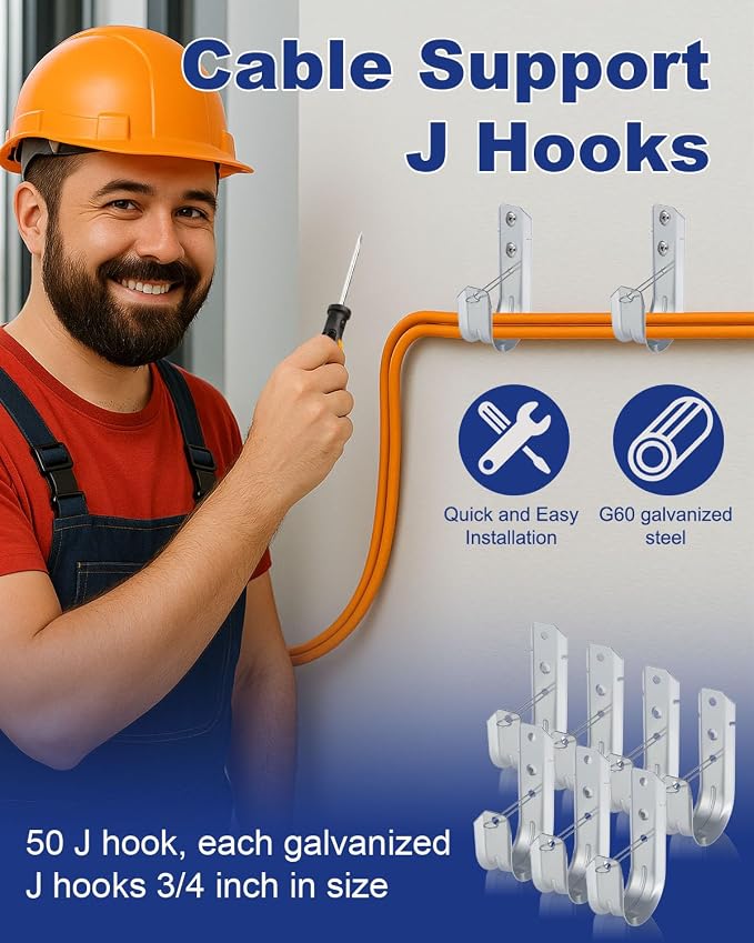 AOKLIT 25 Pcs 2" Galvanized Steel J-Hooks, Heavy Duty Wall Mount Cable Support - Image 3
