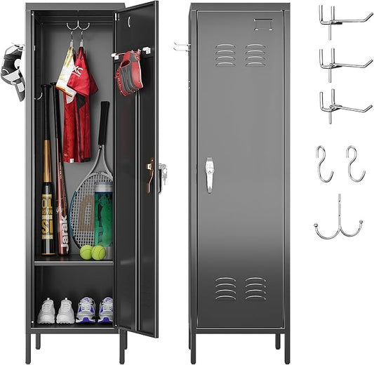 Aobabo Metal Storage Locker with Handle Lock, 54" H Steel Locker with Metal Hooks and Adjustable Shelf for School, Home, Office, Playroom, Assembly Required, Black-DeskLoop Office