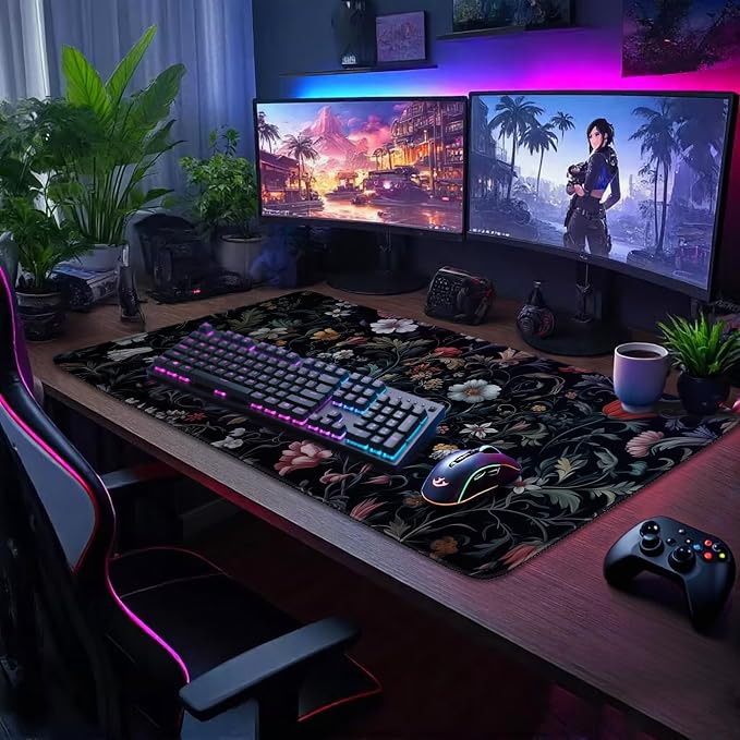 Dark Floral Pattern Large Gaming Mouse Pad 31.5"x15.7"｜XXL Desk Mat, Non-Slip - Image 2