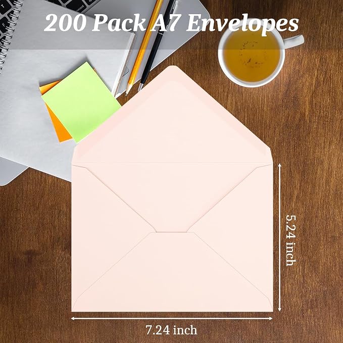200 Pack A7 Envelopes, Blush Pink Greeting Card Envelopes Self Seal, 5.24 x - Image 3