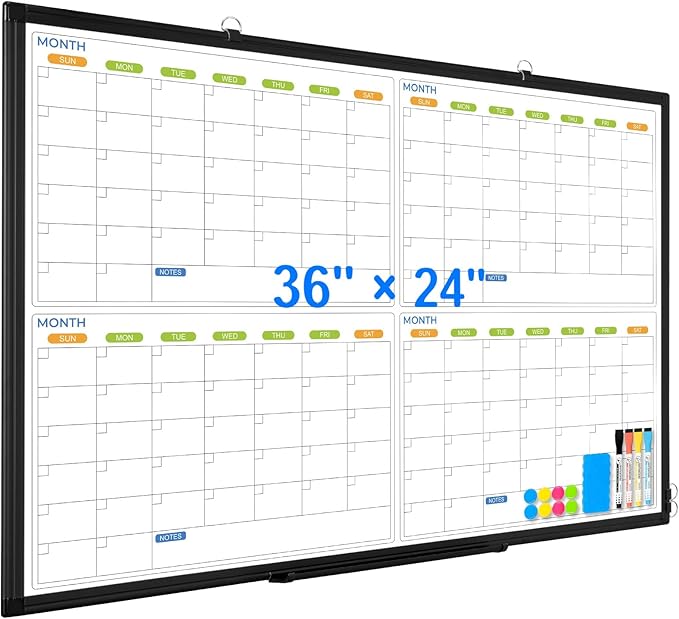 36" x 24" Magnetic Dry Erase Calendar Whiteboard, 4 Month Calendar White Board Planner, Black Aluminum Frame Wall Mounted Board for Office Home and School-DeskLoop Office