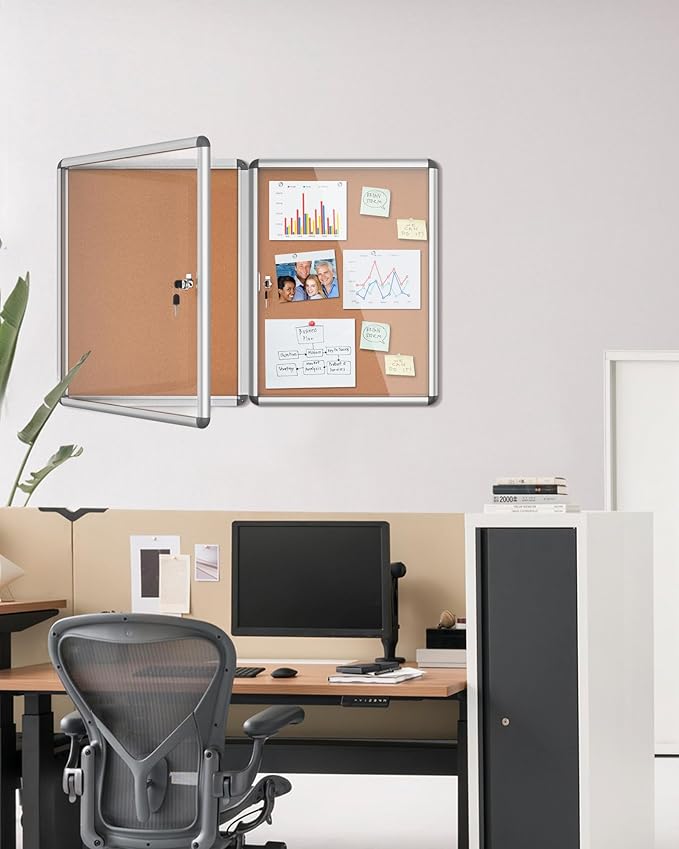 2 Pack 26"x20" Enclosed Bulletin Board, Lockable Weather-Resistant Aluminum Cork Noticeboard for School & Office, Silver Frame w/Cork-DeskLoop Office
