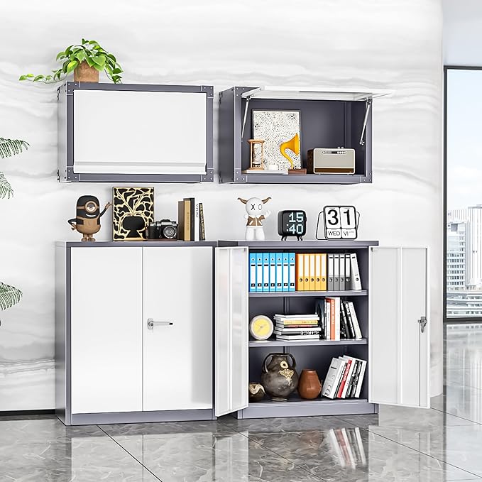 INTERGREAT Metal Cabinet with Lock, Lockable Metal Storage Cabinets with Doors and Shelves for Garage, Grey White Locking Garage Storage Cabinets 36"×32"×16"-DeskLoop Office