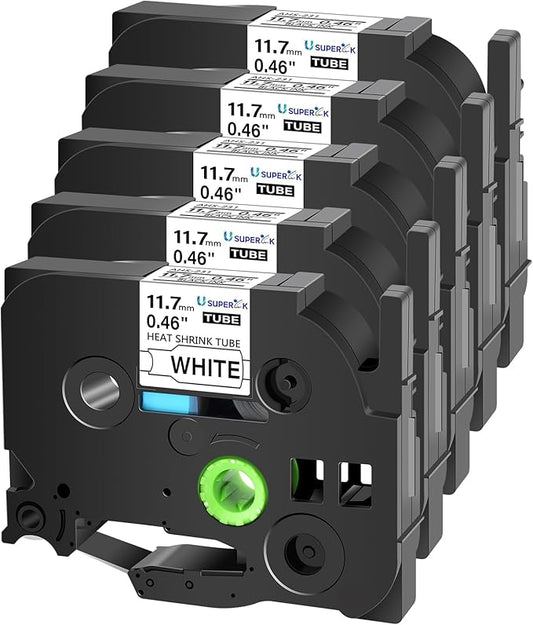 SuperInk 5 Pack Compatible for Brother Ptouch HSe-231 HSe231 HS-231 HS231 0.46 1/2'' 11.7mm Black on White Heat Shrink Tube Label Tape use in PT-D210 PT-D400 PT-E300 PT-E500 PT-P750WVP Label Maker-DeskLoop Office