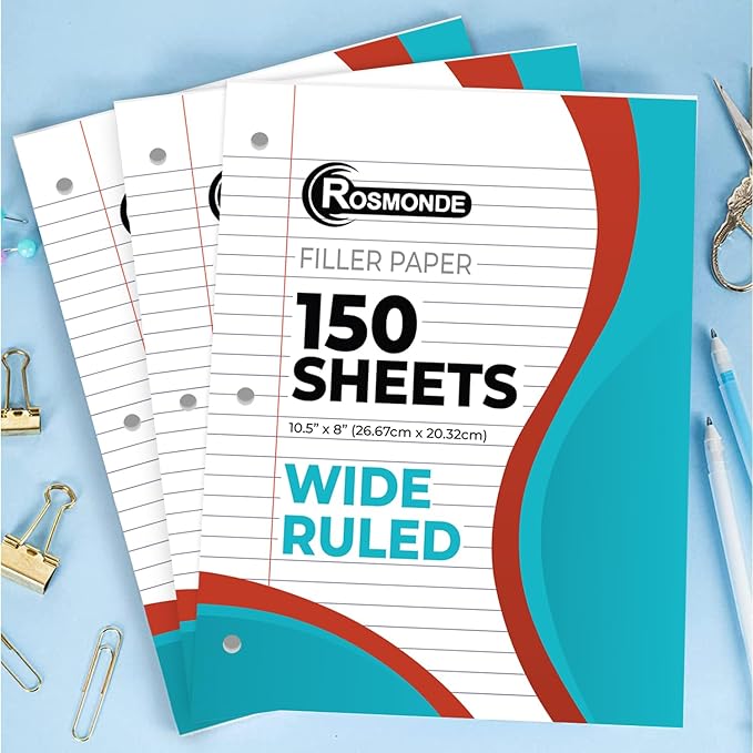 6 Pack Loose Leaf Paper, 900 Sheets, Wide Ruled Paper, 8" x 10.5", Bulk Notebook Paper, 150 Sheets/Pack, Fits Standard 3 Ring Binders, Wide Ruled Filler Paper for School, White Notebook Paper-DeskLoop Office