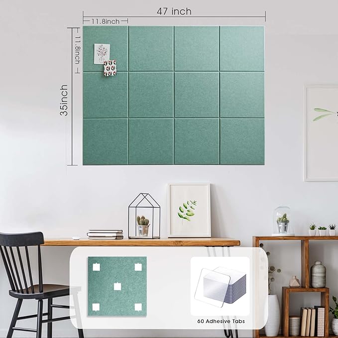 Large Cork Board for Office Wall Decor,48"x36"-12 Pack Felt Wall Tiles with Safe Removable Adhesive Tabs, 1/2" Thick, Felt Bulletin Board Pin Board Cork Boards for Walls - Sage Green-DeskLoop Office