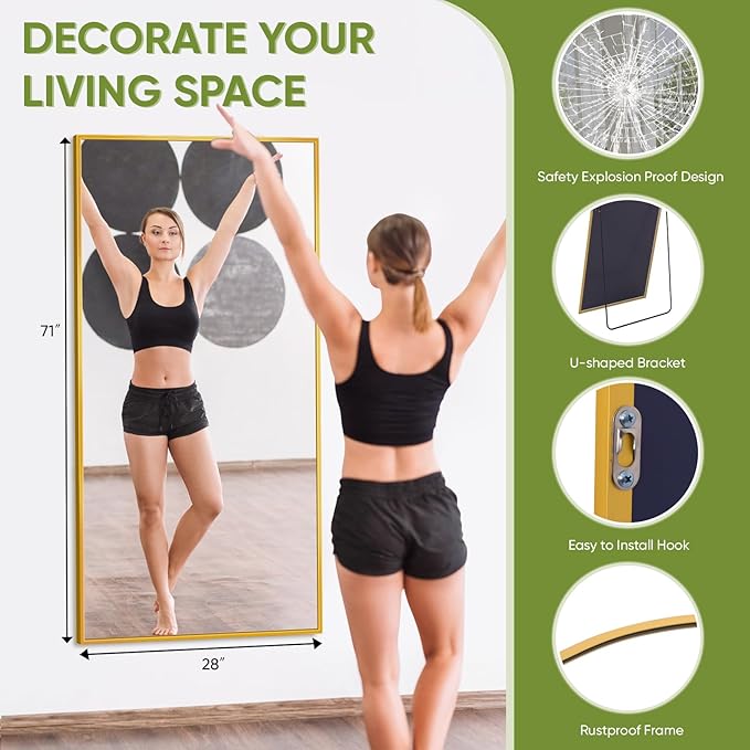 Full-Length Floor Mirror with Stand, 71"x28" Rectangle Style Full Body Standing Mirror for Bedroom, Living Room, Gym, Dorm - Shatter-Resistant & Easy Assembly, Gold-DeskLoop Office