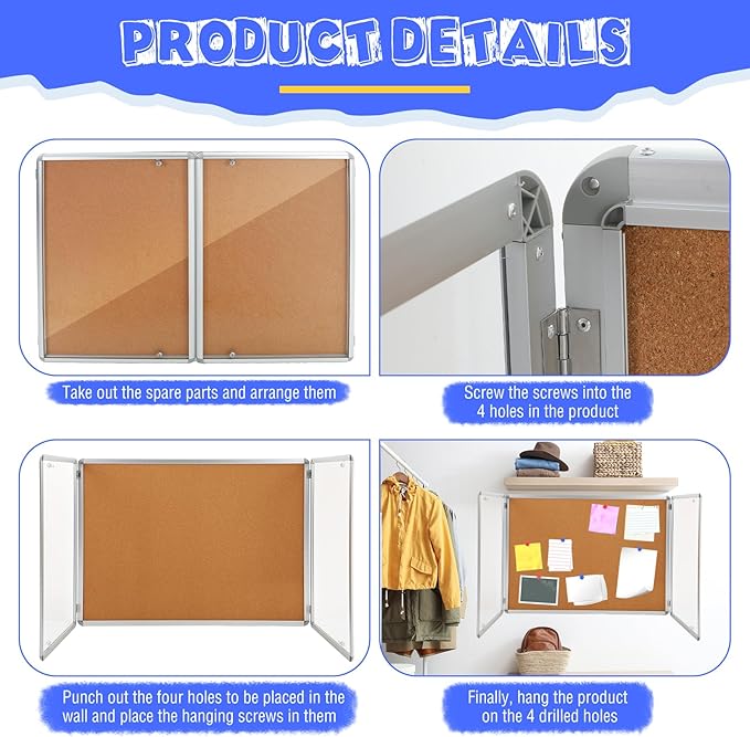 Enclosed Bulletin Board 48" x 36" Weather Resistant Lockable Notice Cork Display Board Wall Mounted 2 Locking Door for School Classroom Commercial Back to School, 12 x A4(Brown, Silver Frame)-DeskLoop Office