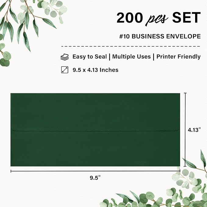 200 Pack #10 Business Envelopes, Self Seal Standard Christmas Dark Green - Image 2