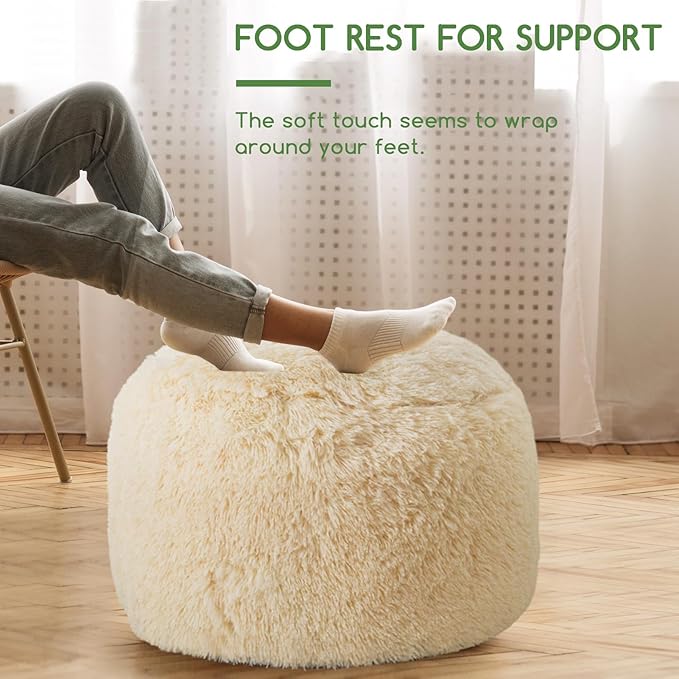 HIGOGOGO Round Stuffed Pouf Ottoman, Long Faux Fur Poufs with Foam Chunk Filling, Fluffy and Furry Pouf Foot Stool Storage Ottoman, 26 X 18 Floor Poufs Foot Rest for Living Room, White-DeskLoop Office