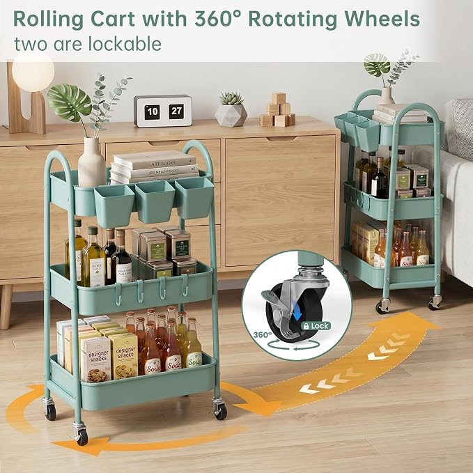 danpinera 3-Tier Rolling Cart, Utility Cart Mobile Metal Rolling Storage Cart - Image 4