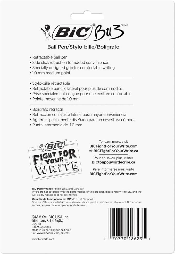 BIC BU3 Grip Retractable Ballpoint Pen, Medium Point, Retractable Black - Image 2