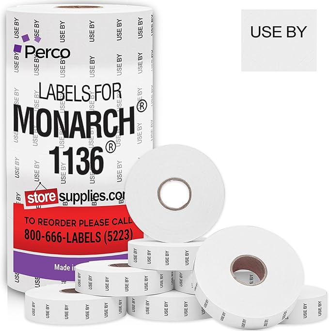 Perco USE by Labels for Monarch 1136 Price Gun - 8 Rolls, 14,000 Marking Labels - with Bonus Ink Roll Included-DeskLoop Office