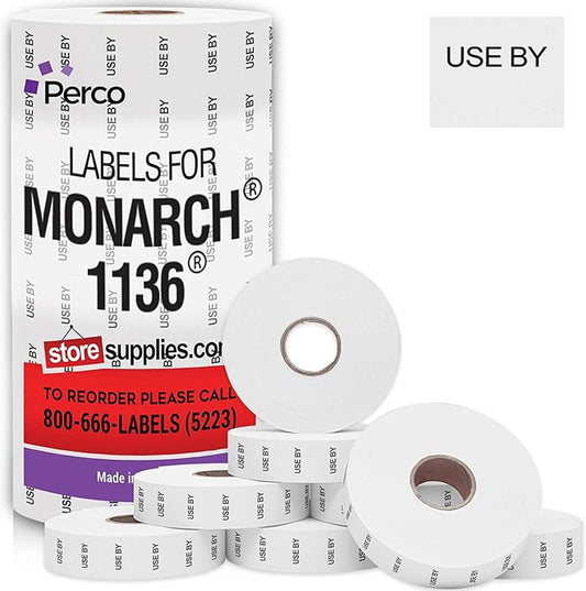 Perco USE by Labels for Monarch 1136 Price Gun - 8 Rolls, 14,000 Marking Labels - with Bonus Ink Roll Included-DeskLoop Office