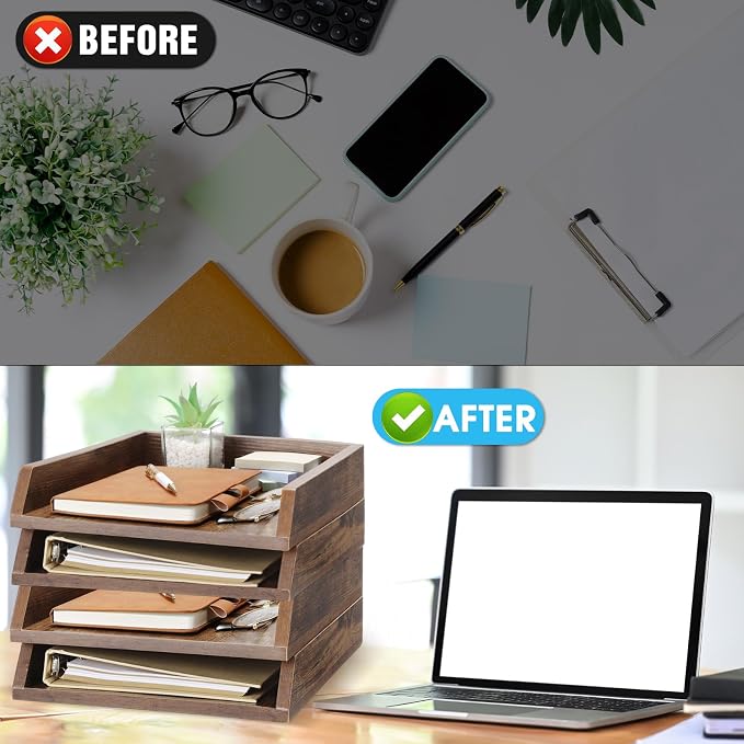 DoubleFill 4 Pcs Wooden Letter Trays 2 Tier Desktop Paper Organizer Wood - Image 5