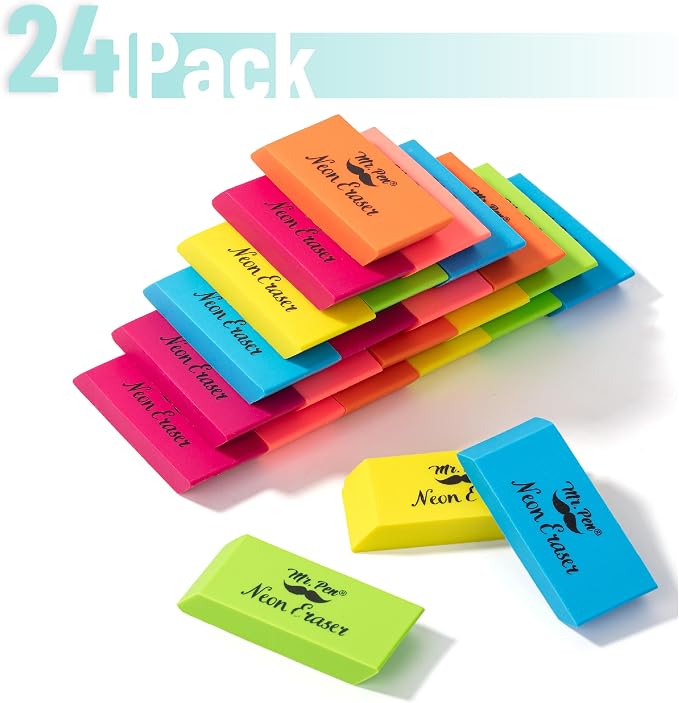 Mr. Pen- Pencil Eraser, 24 Pack, Neon Colors | Large Latex Free Block Erasers - Image 2