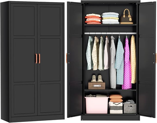Greenvelly Metal Wardrobe Cabinet, 72" Black Armoire Metal Wardrobe Closet for Hanging Clothes with Wooden Handle, Modern Clothes Cabinet for Home, Office,Bedroom, School,Gym-DeskLoop Office