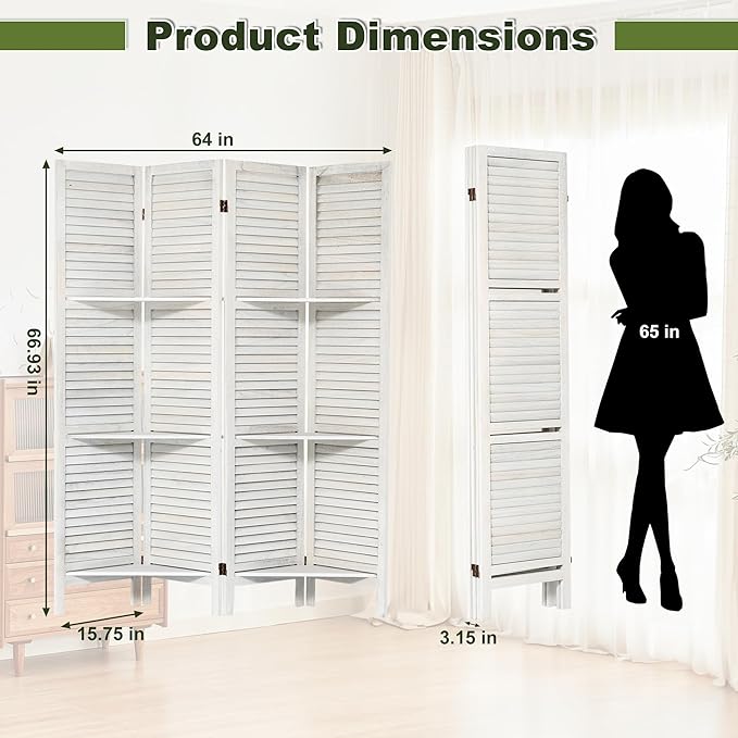 NicBex 4 Panel Room Divider,5.6FT Wood Carved Room Dividers with Display Shelves Folding Privacy Screens Portable Freestanding Partition Wall Dividers for Room Separation,Home Bedroom Office,White-DeskLoop Office