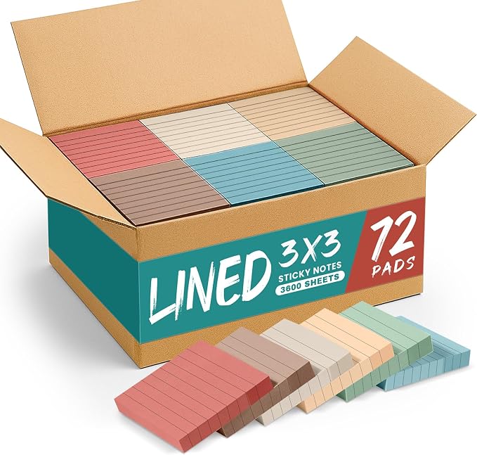 Lined Sticky Notes, 3x3 Inches, 72 pad, Self-Stick Note Pads by Taja
