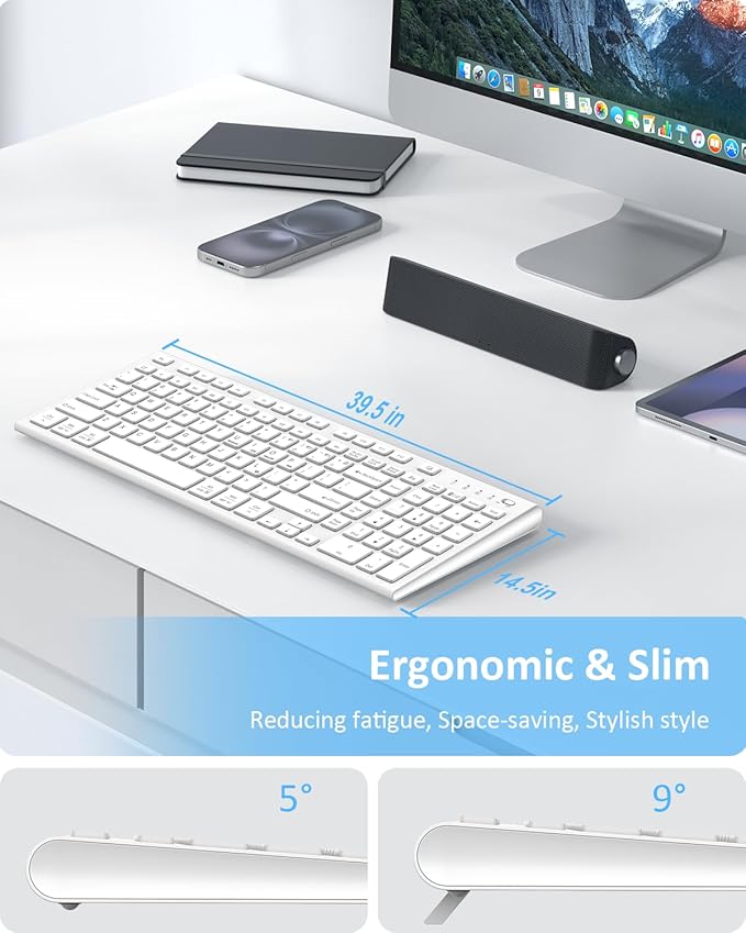 FENIFOX Wireless Keyboard, Bluetooth + USB Ergonomic Silent Quiet Rechargeable with Number Pad Compact Full Size Multi Device Keyboards for iPad Tablet Mac Computer Surface PC MacBook Laptop White-DeskLoop Office